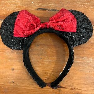 Kids Black Sequin Minnie Mouse Ear Headband with Red Bow